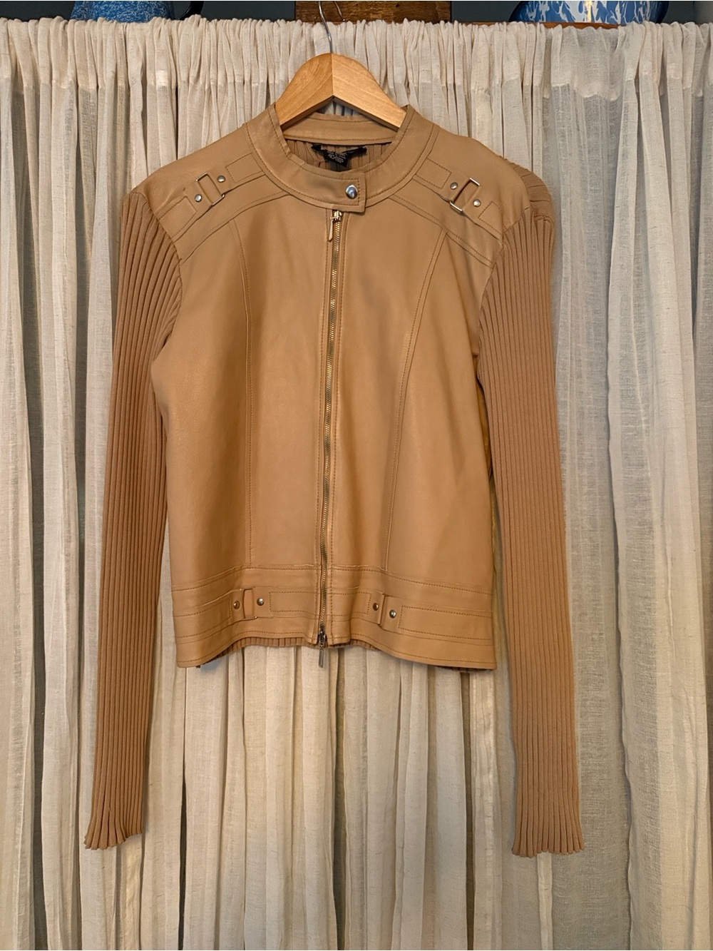 Womens Tan Leather Moto Jacket with Ribbed Sleeves